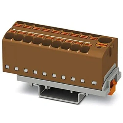 Abbildung von PHOENIX CONTACT PTFIX 10/18X4 NS35 BN Verteilerblock, Anzahl der Anschlüsse 19, Querschnitt 0,5 mm² 10 mm², AWG 20 6, Breite 28,6 mm, Braun, 8 Stück