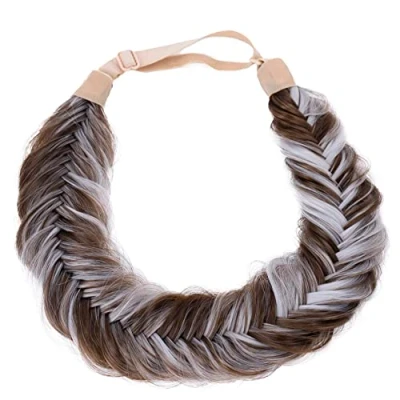Abbildung von CAISHA Fischgrätenzopf Zopf Haarteil Haarband Stirnband Haarschmuck Geflochten Braun Grau Gesträhnt HZ307