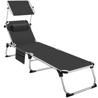 Abbildung von tectake® Sonnenliege mit Dach, Balkonliege aus Aluminium, klappbare Gartenliege, wetterfest, Liegestuhl für Garten, Camping und Strand, Verstellbarer Rückenlehne, Kopfkissen &amp; Seitentasche schwarz