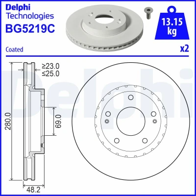 Abbildung von DELPHI Bremsscheibe KIA: Niro II 280mm 25mm 5 Belüftet beschichtet BG5219C 51712AA000,51712AT500 Bremsscheiben, Scheibenbremsen
