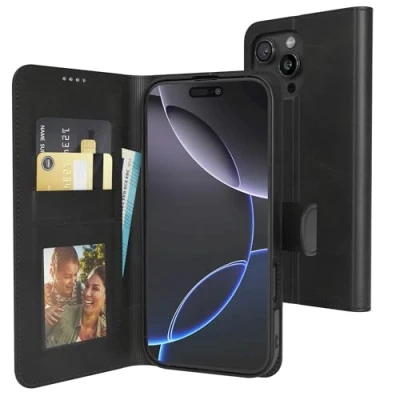 Abbildung von EAZY Case Klapphülle für iPhone 16 Pro Max Hülle klappbar mit Kameraschutz Schutzhülle Magnet Flip Ständer Kunstleder Klapptasche Kartenfach Sichtfenster Foto Premium Handyhülle Schwarz