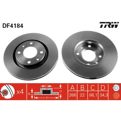 Abbildung von TRW DF4184 Bremsscheibe 266 22 4 108 Belüftet lackiert hochgekohlt CITROËN: C3 I Schrägheck, C4 II III Kasten / Schrägheck kfzteile,