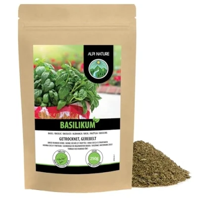 Abbildung von Basilikum getrocknet (250g), gerebelt, schonend getrocknet, 100% rein und naturbelassen zur Zubereitung von Gewürzmischungen