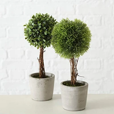 Abbildung von Kunstpflanze 2er Set künstliche Pflanzen im Zementtopf Höhe ca. 30cm mit Echtholzstamm Deko Tischdeko Buchsbaum, mucPlants
