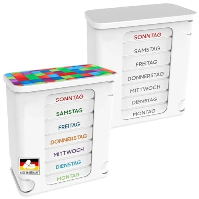 Abbildung von Kerpers® Tablettenbox 7 Tage MADE IN GERMANY Pillendose mit 4 Fächer morgens mittags abends nachts Medikamentenbox für Tabletten und Supplements (2 Stück Weiß/Bunt)