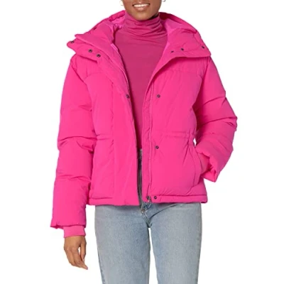 Abbildung von Amazon Essentials Damen Kurz geschnittene Daunenjacke mit Kapuze (in Übergröße erhältlich), Neonrosa, L