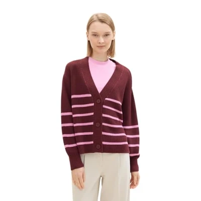 Abbildung von TOM Tailor Denim MIT Vausschnitt Strickjacke, Damen, Größe: XL, Placed burgundy pink stripe