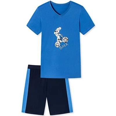 Abbildung von Jungen Schlafanzug kurz, weicher Single Jersey aus 100% Baumwolle und Hose in Bermuda Form mit BMX Motiv, blau Grösse 176