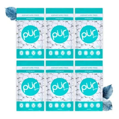 Abbildung von PUR Gum Zuckerfreier Kaugummi 100% Xylit Vegan, Aspartamfrei &amp; Glutenfrei Natürlicher Mit Wintergreen Geschmack, 55 Stück (6er Pack)