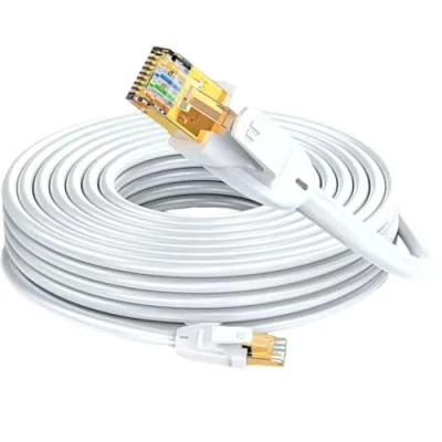 Abbildung von Elfcam® 15 Meter Ethernet Kabel Cat 7 Rund, LAN/WLAN mit Vergoldetem RJ45 Stecker, Netzwerkkabel 100% Kupfer Starres Verlegekabel, SFTP, 28 AWG, Weiß, 15m
