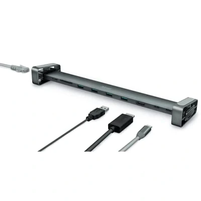 Abbildung von Trust Dalyx USB C Hub Multiport Adapter (10 in 1) mit Bildschirmständer, Aluminium Dongle (mit HDMI 4K Ausgang, SB/Micro SD, 4 3.2, 2 Anschlüsse, Ethernet, für Typ Geräte) graun