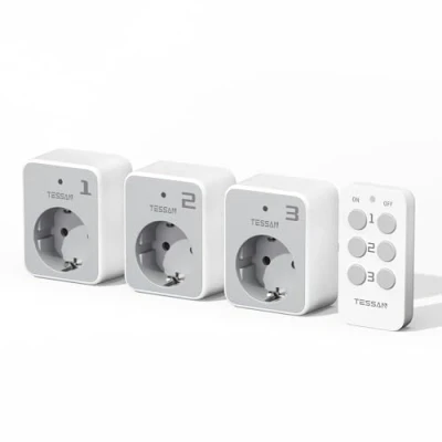 Abbildung von TESSAN Funksteckdosen mit Fernbedienung Set, 3 Steckdosen 1 Handsender, Reichweite 30,5 M Ferngesteuerte Stecker für Innen Deko, Haushaltsgeräte und Lampe, 3600 W, Grau