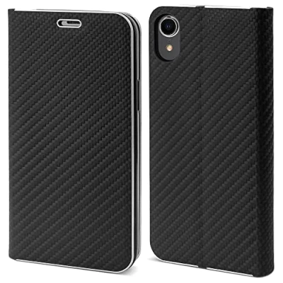 Abbildung von Moozy Hülle für iPhone XR, Schwarz Carbon Metallischer Kantenschutz Klapphülle Handyhülle mit Kartenfach und Standfunktion