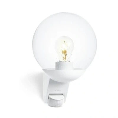 Abbildung von steinel Außen Wandleuchte L 585 S WS, Bewegungsmelder, Leuchtdauer einstellbar, Tageslichtsensor, Leuchtmittel wechselbar, 180Bewegungsmelder,mundgeblasenGlas,E27 Fassung,Kugel Fassadenleuchte