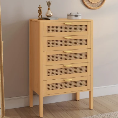 Abbildung von Chiffonnier 5 Schubladen EDHEN 60 cm Wochenkommode mit Rohrgeflecht in Holzfarbe IDMarket