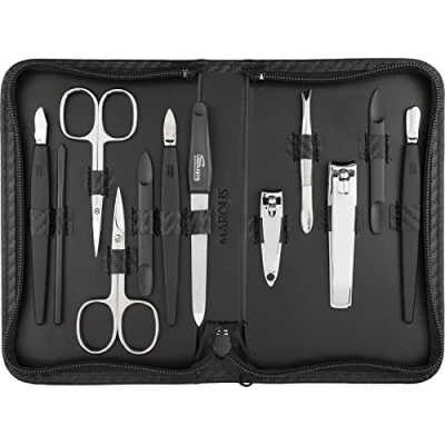 Abbildung von Solingen Manikür Set 12 teilig Nagelset Herren und Damen, alles was man für die Maniküre Pediküre braucht, in Kunstleder Etui mit Karbonoptikschicht