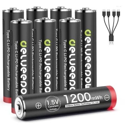 Abbildung von Delyeepow USB C AAA Akkus Lithium Wiederaufladbare, 1.5V 1200mWh Wiederaufladbare Batterien mit 4 in 1 Ladekabel, Stunden Schnellladung, 1500 Zyklus, 8 Stück