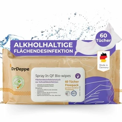 Abbildung von DrDeppe Spray In QF Bio Wipes Desinfektionstücher für Flächen 100% biologisch abbaubar, alkoholhaltige Schnelldesinfektion die einfache und schnelle Flächendesinfektion (60Tücher)