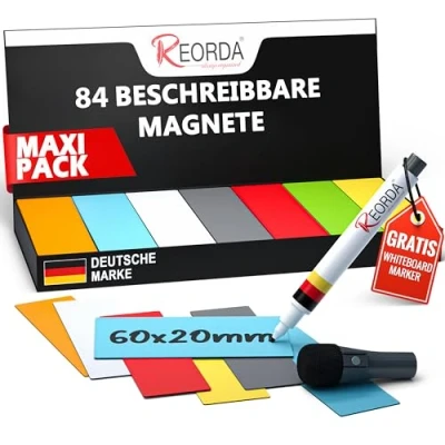 Abbildung von Reorda® Magnetstreifen beschreibbar 84 Stück 60x20mm (+ Stift) Wiederbeschreibbar, beschreibbare Magnete für Whiteboard, Kanban, Magnettafel beschriftbare den Kühlschrank