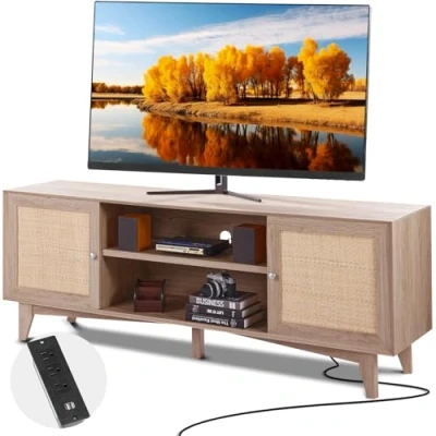 Abbildung von VEVOR Rattan TV Ständer 191cm Fernseher Boho Schrank Fernsehschrank Eiche