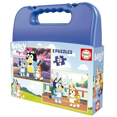 Abbildung von Educa Puzzle Bluey Set von 2 KinderPuzzlen mit 20 Teilen, die in einem herrlichen Plastikkoffer präsentiert Werden. Maßnahme: 28 x cm. Empfohlen für Kinder ab 4 Jahre (19966)