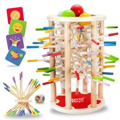 Abbildung von Nene Toys BALLFALL Groß Montessori Spielzeug ab 3 4 5 6 Jahren Geschicklichkeitsspiel &amp; Lernspiel aus Holz mit bunten Stäbchen, Würfel Karten Kinderspiel, Geschenk Jungen Mädchen