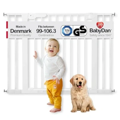 Abbildung von BabyDan Premier, Extra breit Ohne bohren Treppenschutzgitter, 139 144,8 cm, Babygitter/Sicherheitsgitter, Metall, Weiß, Hergestellt in Dänemark (Haustiergitter/Hundegitter)