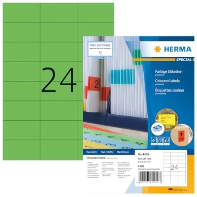 Abbildung von HERMA 4409 Farbige Etiketten grün, 100 Blatt, 70 x 37 mm, 24 pro A4 Bogen, 2400 Stück, selbstklebend, bedruckbar, matt, blanko Papier Farbetiketten Aufkleber