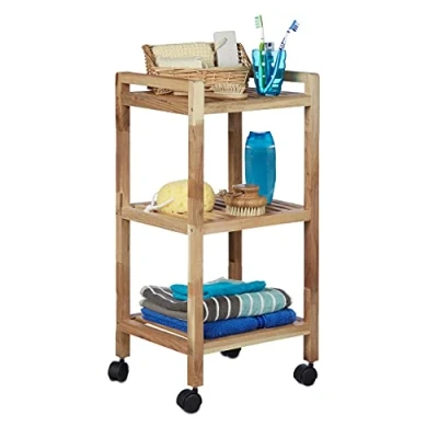 Abbildung von Relaxdays Badregal mit Rollen, Holz, HBT: 71,5 x 35 31 cm, Griffe, drehbar, 3 Ablagen, als Küchenregal, Holzregal, natur