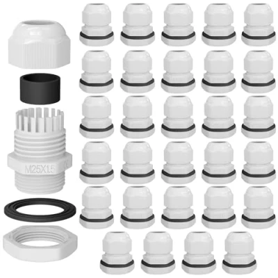 Abbildung von hb digital 30х Kabelverschraubung M25 für 11 15mm Kabeldurchmesser IP68 staub &amp; wasserdicht mit Gummidichtung Gegenmutter Klemmlamellen Stopfbuchse Isolation Kabeleinführung Weiss