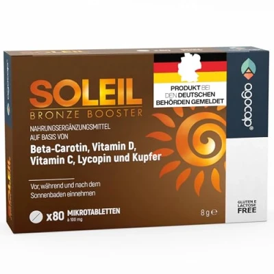 Abbildung von SOLEIL, Bräunungskapseln mit Beta Carotin für natürliche Bräune 2 in 1 Selbstbräuner Effektiver Lichtschutz Hochdosiert Vitaminen C, E, D, Selen und Kupfer 80 Tabletten