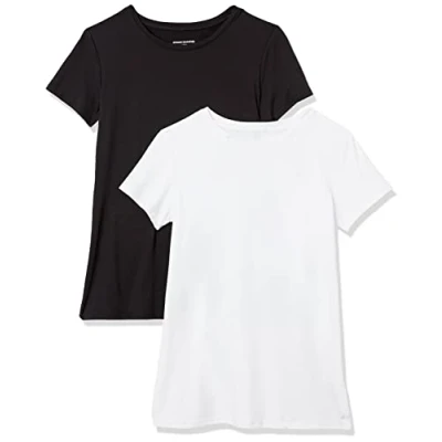 Abbildung von Amazon Essentials Damen Kurzärmliges Tech Stretch T Shirt mit Rundhalsausschnitt (in Übergröße erhältlich), 2er Pack, Schwarz/Weiß, S