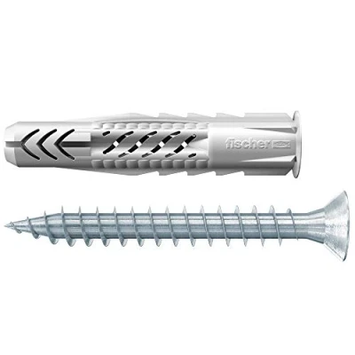 Abbildung von Fischer Universaldübel UX R S/20, je 25 Nylondübel mit passenden Schrauben, Allzweckdübel Rand, für optimalen Halt bei Befestigungen in Beton, Gipskarton, Kalksand Lochstein uvm. 94758 6 x 35 mm