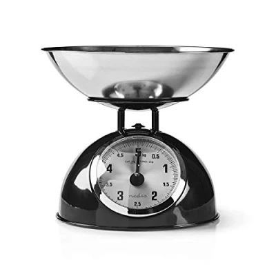 Abbildung von Nedis Küchenwaage Retro Haushalt 5 kg Wiegekapazität Abnehmbare Edelstahlschüssel 25 g Wiegegenauigkeit Analog Lebensmittel Leicht zu Reinigen Edelstahl Schwarz/Silber