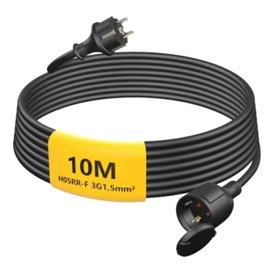 Abbildung von Verlängerungskabel Outdoor 10m, Gummi Stromkabel Verlängerung mit Schuko Stecker für den Außenbereich IP44, Kabelverlängerung außen H05RR F 3G1,5mm² Schutzkappe, Außenkabel, 3500W, Schwarz