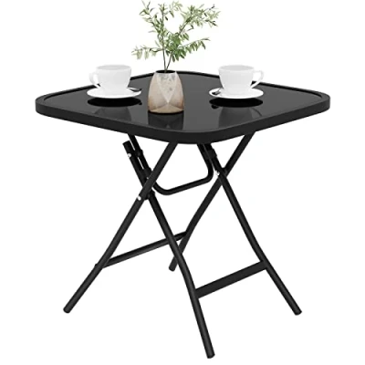 Abbildung von eSituro Klapptisch, Beistelltisch klappbar, Balkontisch Campingtisch Gartentisch Bistrotisch, mit Metallrahmen, rechteckige Tischplatte aus gehärtetem Glas, 46x46x48 cm, Schwarz SCPT0037