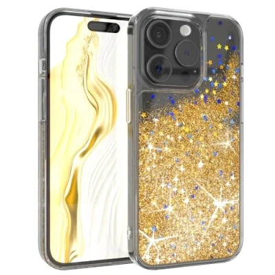 Abbildung von EAZY Case Glitzer Hülle kompatibel mit iPhone 15 Pro Handyhülle für Silikon leichtes Shiny Cover stoßfestes Phone als Fallschutz in Klar Transparent/Gold