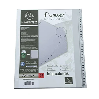 Abbildung von Exacompta 2931E Kunststoff Register 1 31 für DIN A4 MAXI aus recyceltem teilig volle Höhe 24 x 29,7 cm grau mit bedruckten Taben Universallochung Blauer Engel Trennblätter Trennstreifen
