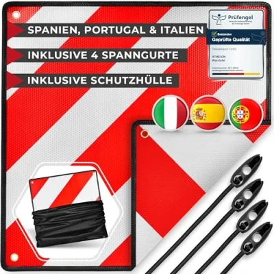 Abbildung von ATHELON® 3in1 Warntafel für Italien, Spanien &amp; Portugal Reflektierendes Warnschild inklusive 4X Spanngurte Schutzhülle Hochwertige Italien Fahrradträger Wohnmobil