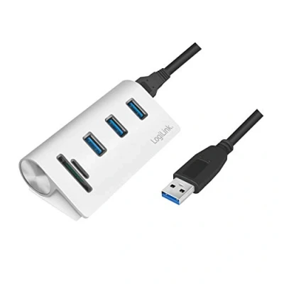 Abbildung von LogiLink CR0045 USB 3.0 Hub (3 Port) mit Kartenleser für SD + Micro Speicherkarten, Aluminiumgehäuse, Windows/MAC OS/Linux, Silber