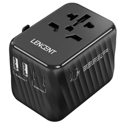Abbildung von LENCENT Universeller Reiseadapter, Internationaler Adapter mit 5.6A 3 USB C 2 A Ports Wandladegerät Weltweiter Reiseadapter für USA bis EU UK Irland Australien (Typ C/G/A/I), Schwarz