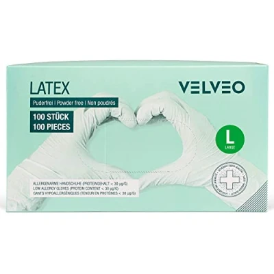 Abbildung von 100 Stück Latex Untersuchungshandschuhe in Spender Box Größe wählbar: S, M, L, XL Einweghandschuhe Einmalhandschuhe L