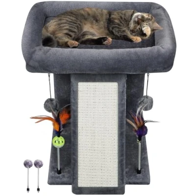 Abbildung von TWDEPART Kratzbaum mit für Indoor Katzen, Aktivitätszentrum, Kletterbaum, Katzenmöbel verspielten Spielzeugbällen, Grau