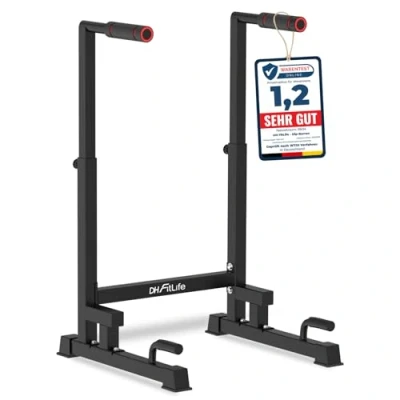 Abbildung von DH FitLife Liegestützgriffe Dip Barren Bars, Dipständer, Station, Stange (Kraftstation Fitnessgerät für Zuhause, Parallettes Calisthenics Training Equipment), Krafttraining 100 130 cm 9 fach verstellbar