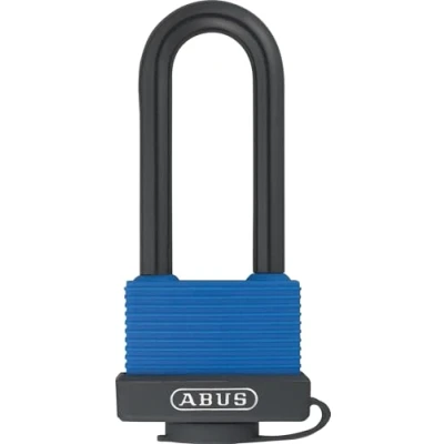 Abbildung von ABUS Vorhangschloss Aqua Safe 70IB, Herkömmliches Vorhängeschloss, Tastensperre, Unterschiedliche Schließung, Schwarz, Blau, Messing, U förmig