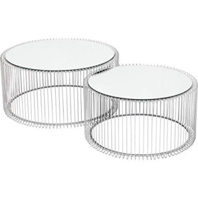 Abbildung von Kare Design Couchtisch Wire (2/Set), Silber, 63/53cm Durchmesser, Beistelltisch, Nachttisch, Stahlgestell, Tischplatte aus Sicherheitsglas, Wohnzimmer, rund, 34x70x70 cm (H/B/T)