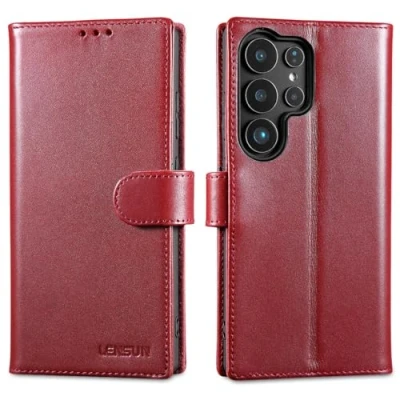 Abbildung von LENSUN Echtleder Hülle für Samsung Galaxy S25 Ultra 5G, Handyhülle Echtes Leder [RFID Schutz] [Magnetverschluss] Lederhülle Handytasche Weinrot