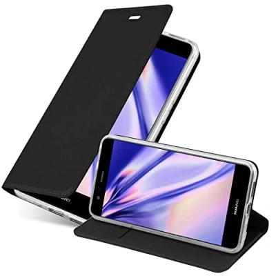 Abbildung von Cadorabo Hülle kompatibel mit Huawei P10 LITE aus Premium Kunst Leder Flip Klappbare Stoßfeste Magnetische [Standfunktion] [Kartenfächern] Cover für Tasche in Schwarz
