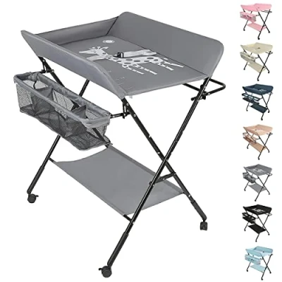 Abbildung von Wickeltisch Faltbare Kommode Mobile mit Wickelauflage, Sicherheitsgurt und Ablagefächern (A,74*63*92 98CM/Grau)