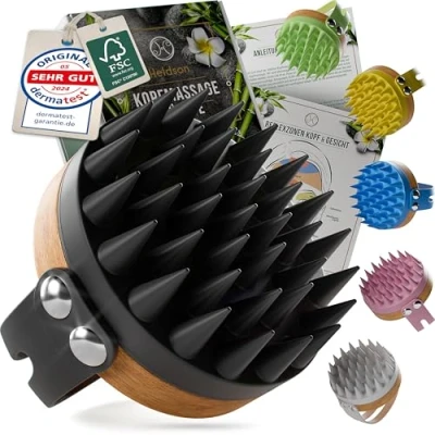 Abbildung von HELDSON® Premium Kopfhaut Massagebürste FSC®100% Kopfmassage Bürste Scalp Massager Brush Haar Haare Hair Care Peeling Kopf Massage Scrub [Onyxschwarz]